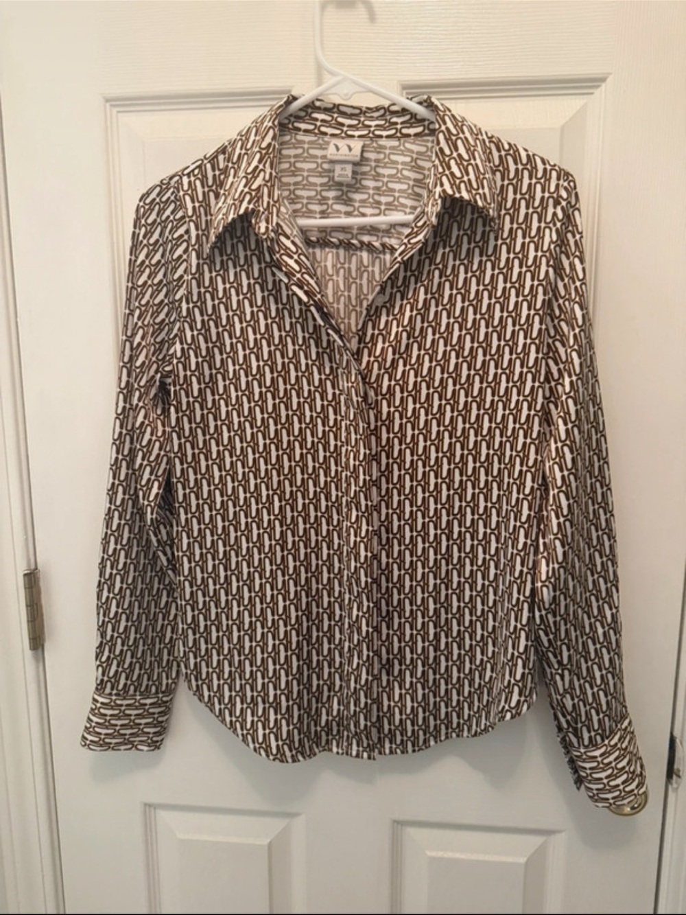 Worthington Woven Link-Print Long-Sleeve Blouse - Brown/White